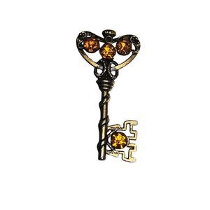 Vintage Key To My Heart Orange Topaz Rhinestone Large Key Brooch